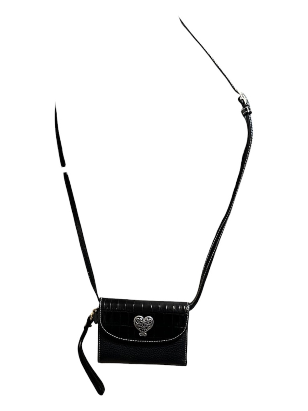 Brighton Black Leather Organizer Crossbody Wallet Purse Heart Concho RFID Style